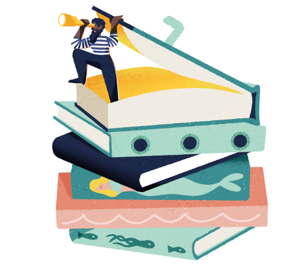 man staat bovenop stapel boeken en kijkt door verrekijker